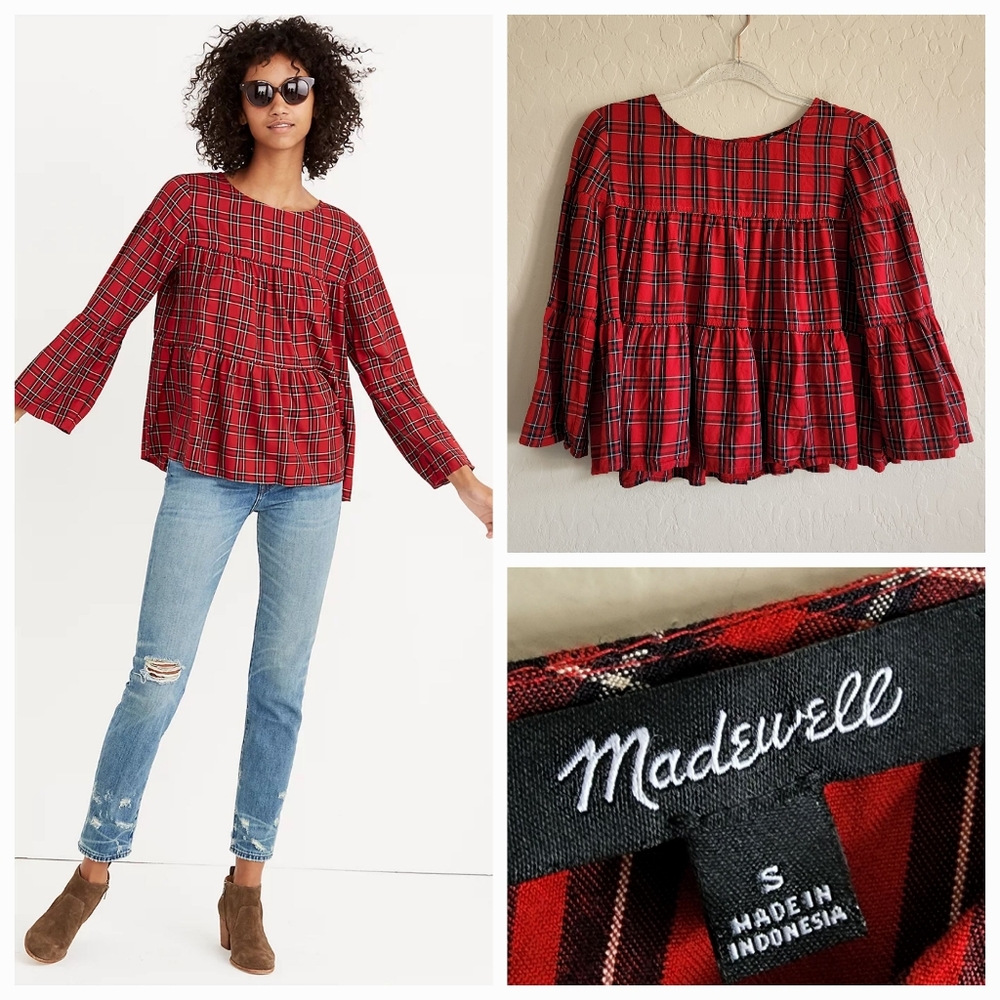 Madewell Plaid‎ Tiered Button Back Top Small